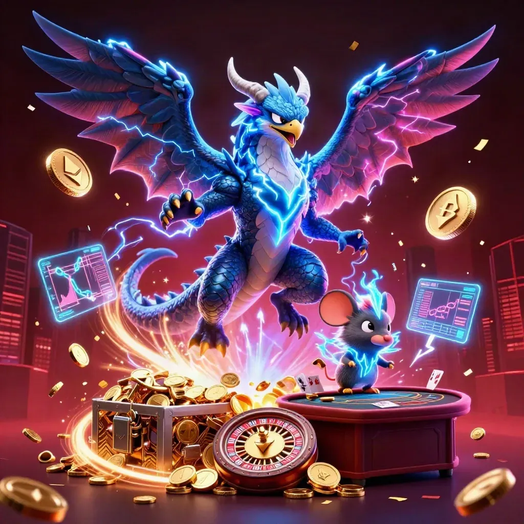 Thunder dragon, hawk and mouse burst amid coins, lightning and casino fireworks.