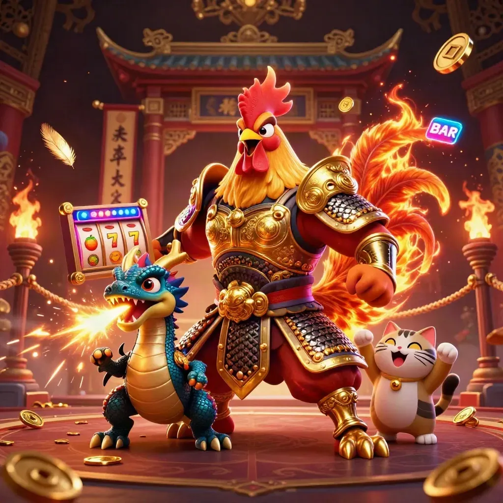 Golden rooster warrior, dragon hatchling and fortune cat in neon casino chaos.