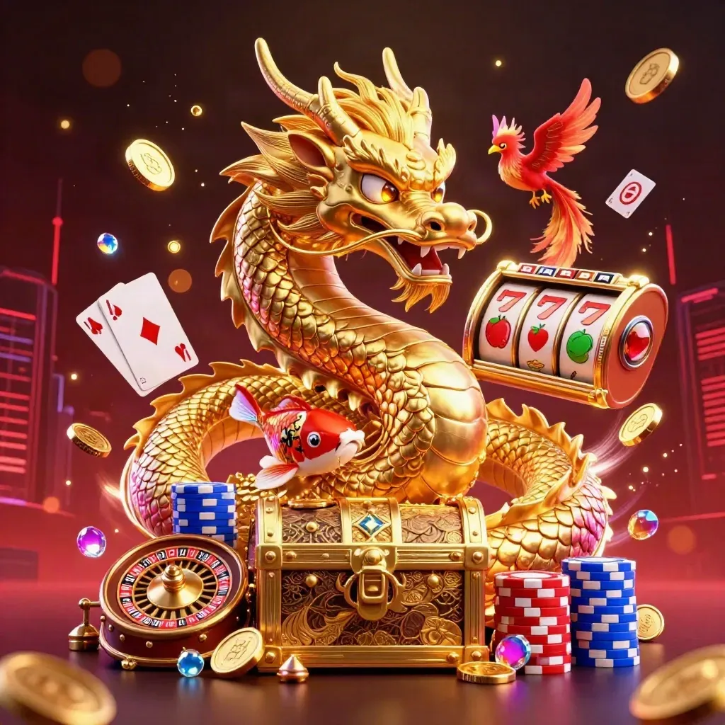 Golden dragon, phoenix and koi amid casino chips, cards and roulette on a dark neon backdrop
