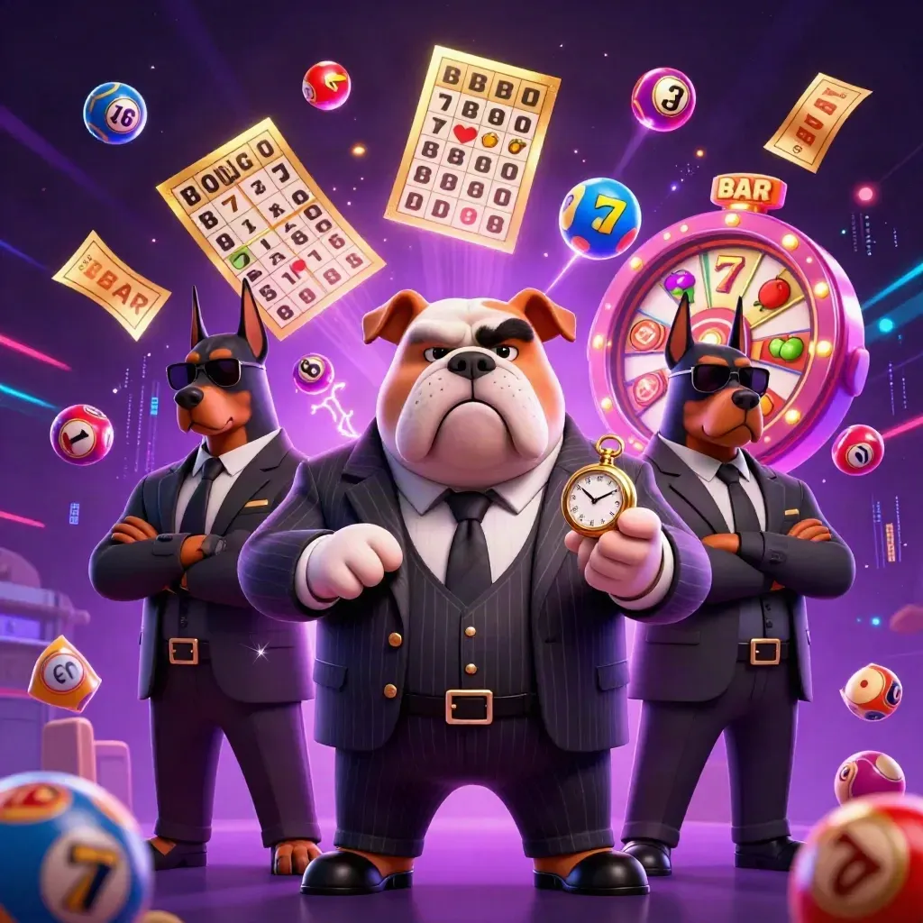 Cartoon mafia bulldog with two Dobermans amid neon casino balls, reels, tickets, and gold effects