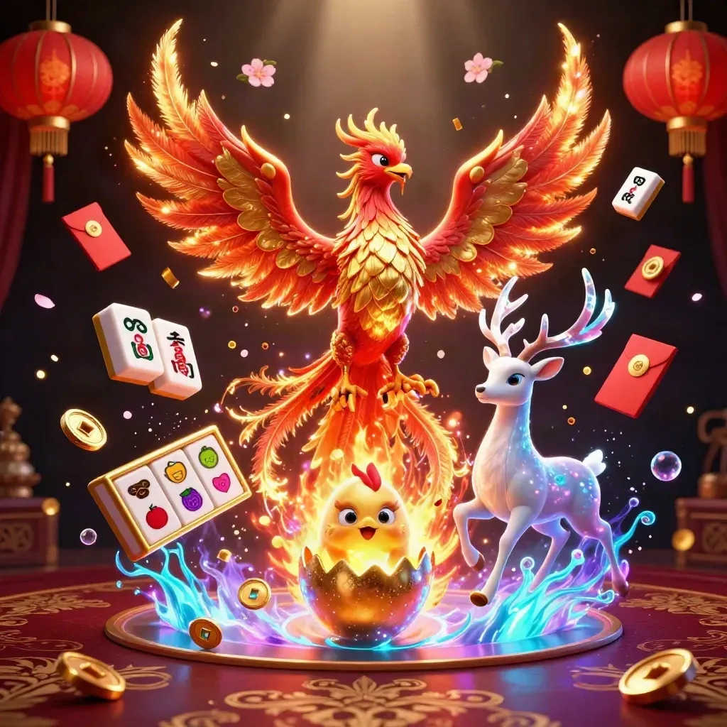 Phoenix, baby phoenix, and crystal stag amid casino symbols in neon gold and blue.