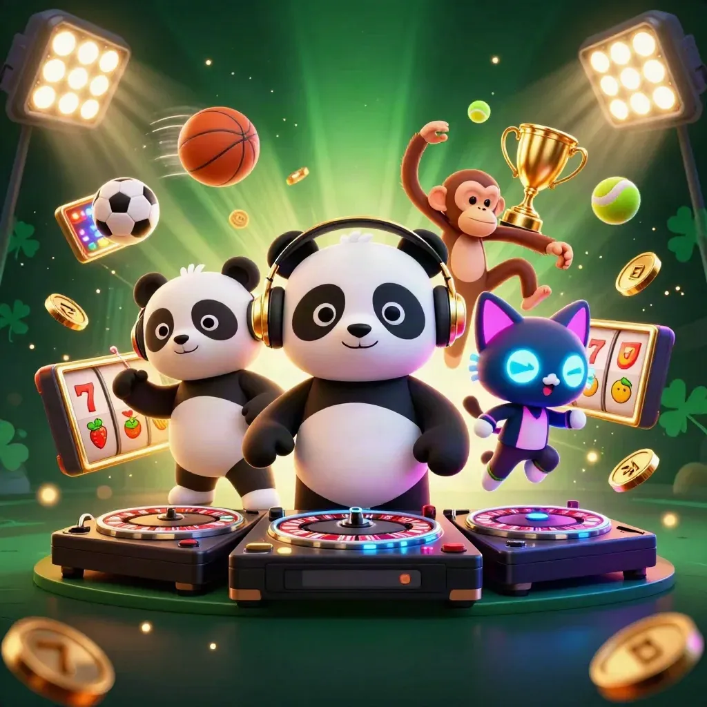 DJ panda, breakdancing monkey and glow-stick kitten amid casino lights and flying sports balls