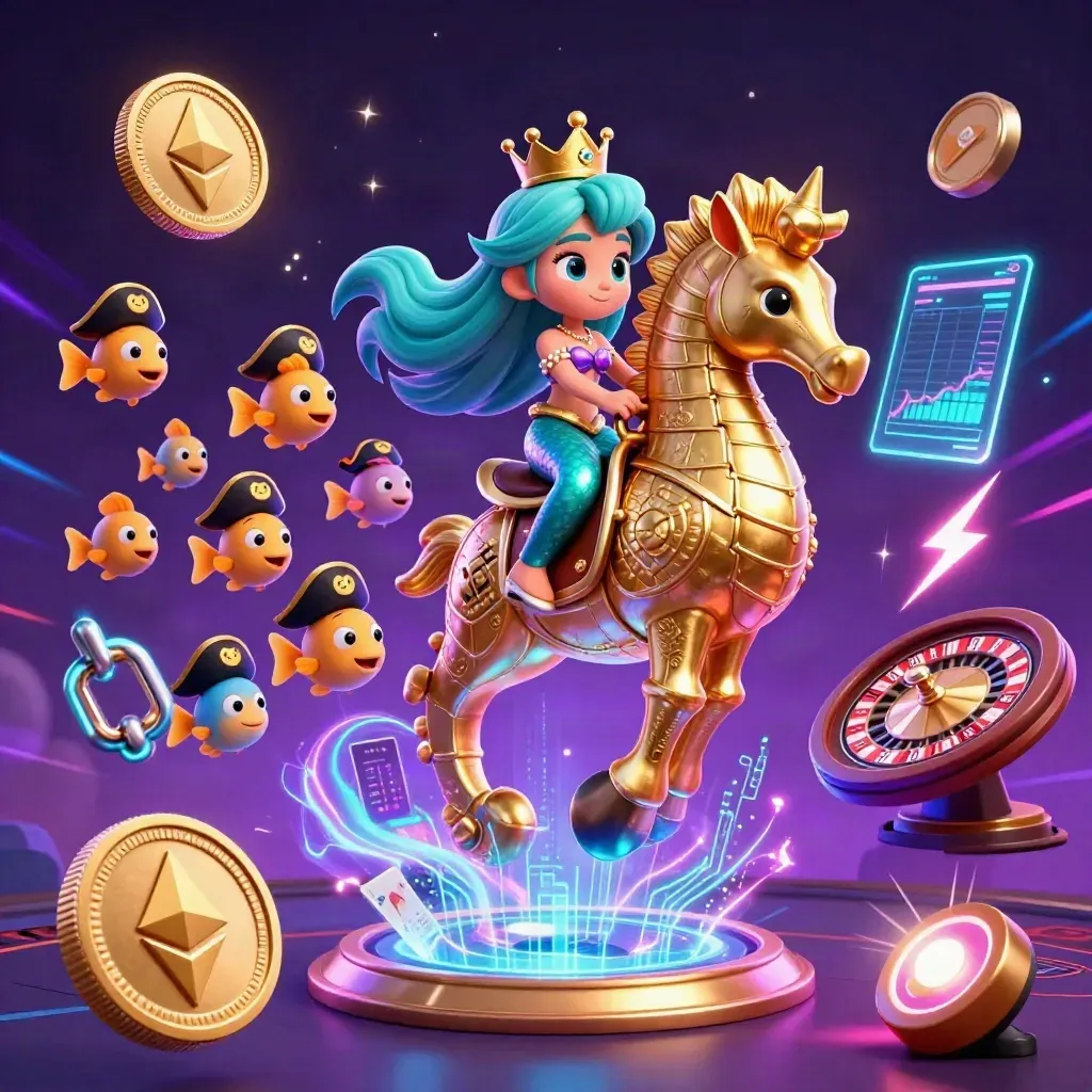 Mermaid princess on a golden seahorse with casino symbols, neon coins, and a roulette wheel