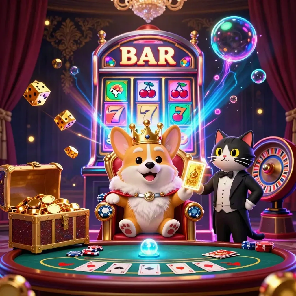 Royal corgi and cat butler amid jackpot slot machine, chips, dice, roulette wheel, and neon casino glow.