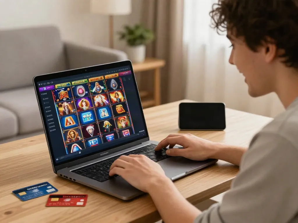 Player enjoying slots that accept credit cards at home with laptop and smartphone.