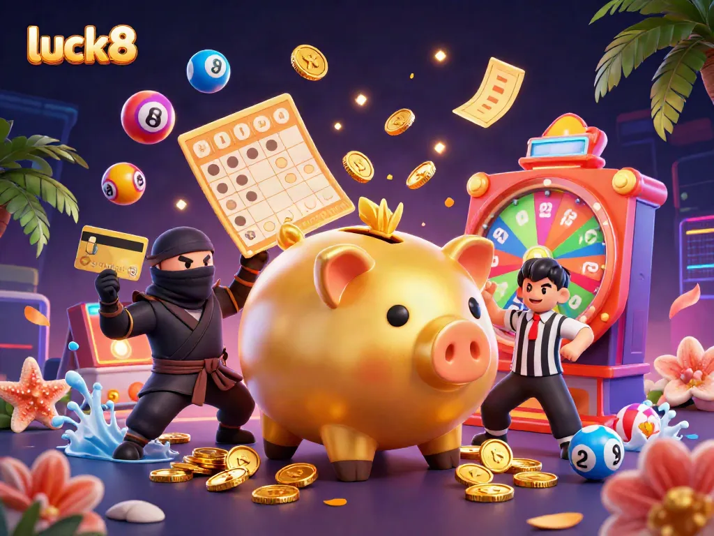 Experience thrilling gameplay with luck8, showcasing a golden piggy bank sumo wrestler amidst colorful casino elements.