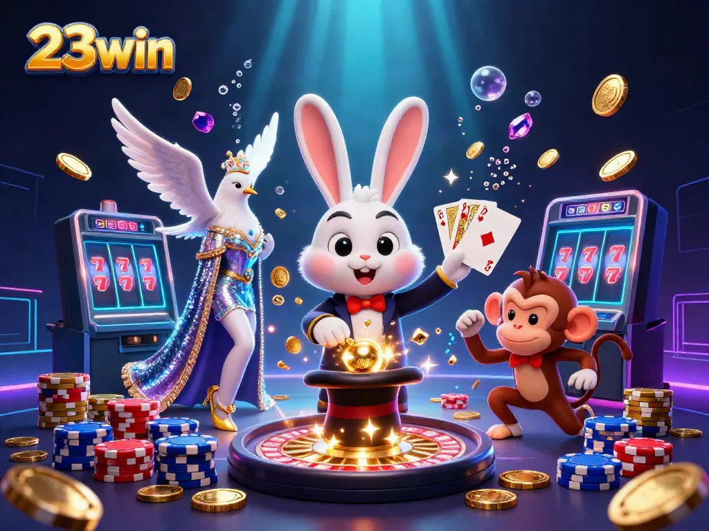 Experience thrilling gameplay at 23win with a magical scene of a rabbit, dove, and monkey in a glamorous casino.