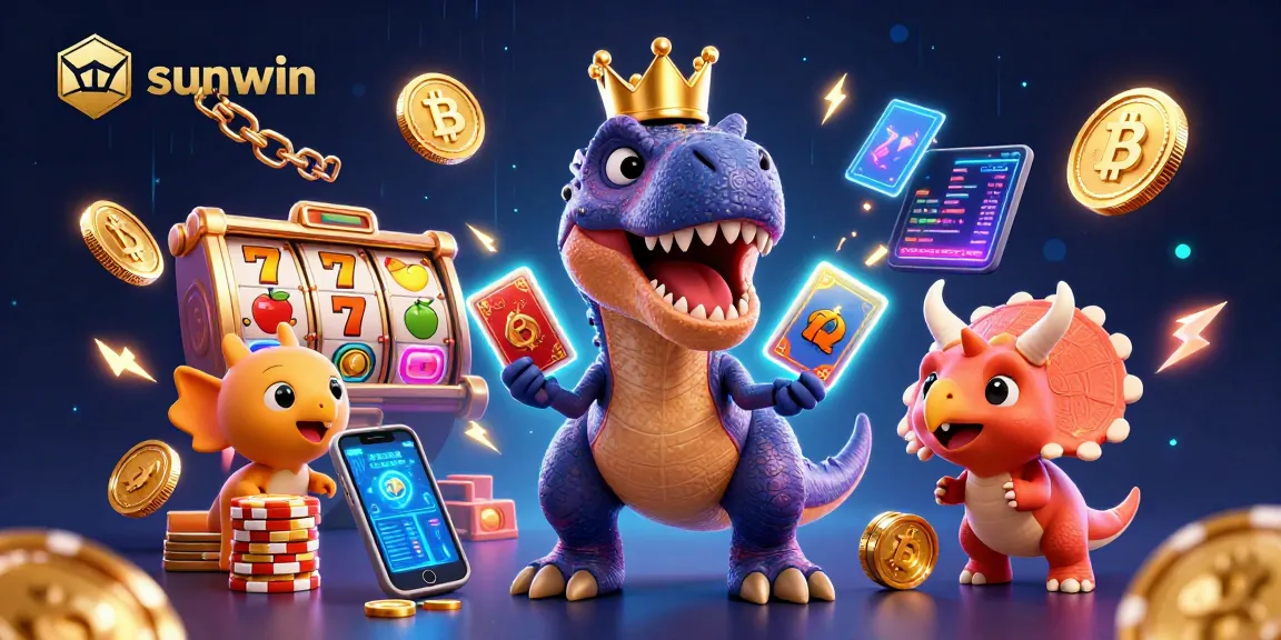 Join the fun at sunwin with a T-Rex card player and friends in a vibrant casino scene.