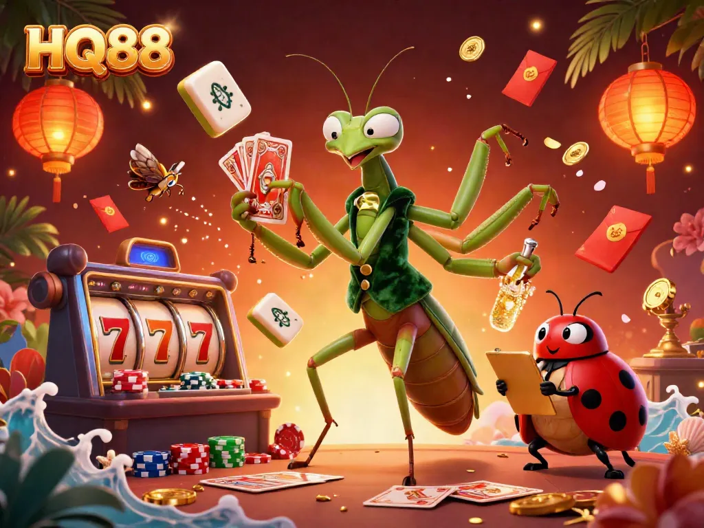 Experience HQ88's vibrant online casino world with captivating characters and slot game elements.