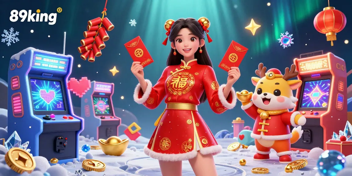 89king celebrates festive wins with vibrant festivities featuring a beautiful Asian woman and gaming elements.