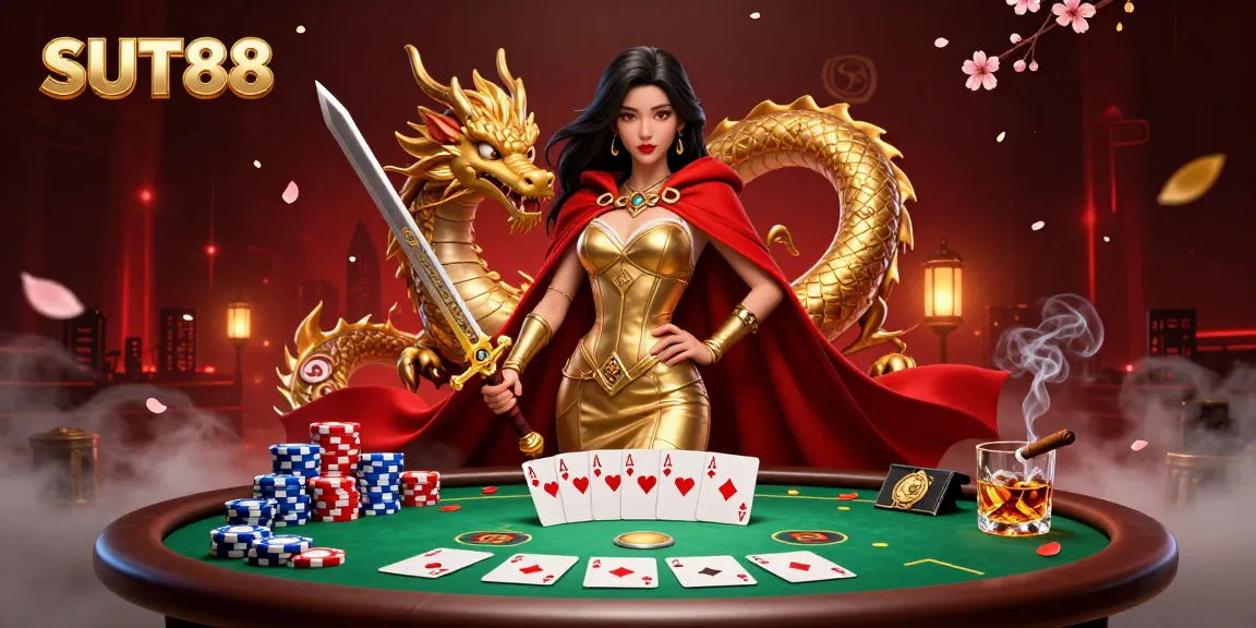 SUT88 showcases a powerful Asian warrior queen amidst poker action, shining with vibrant game elements.