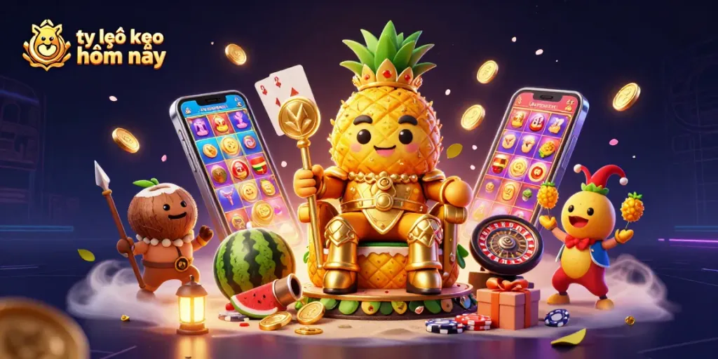 Engage with tỷ lệ kèo nhà cái hôm nay depicted in a vibrant 3D casino illustration filled with dynamic gaming elements.