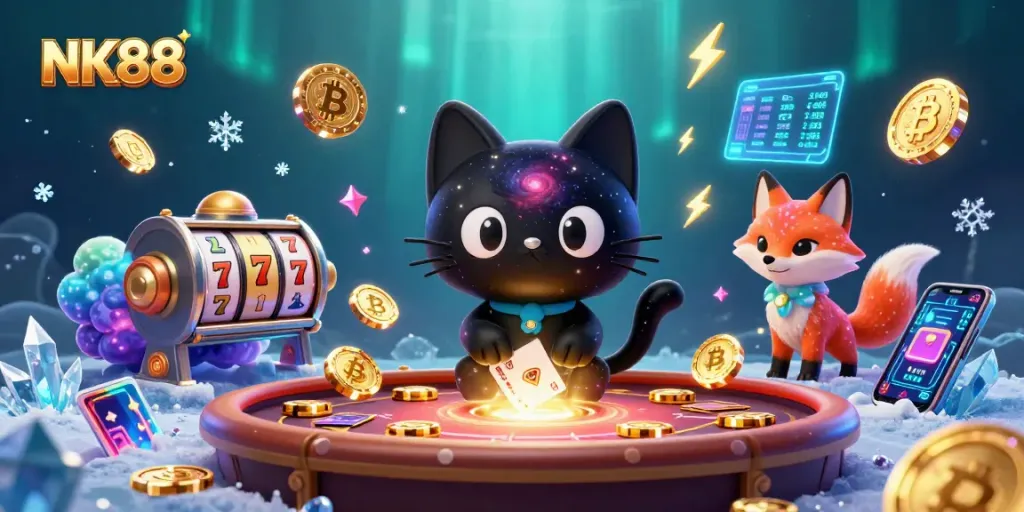Engage in thrilling casino action with NK88 featuring captivating cosmic characters and dynamic gaming elements.