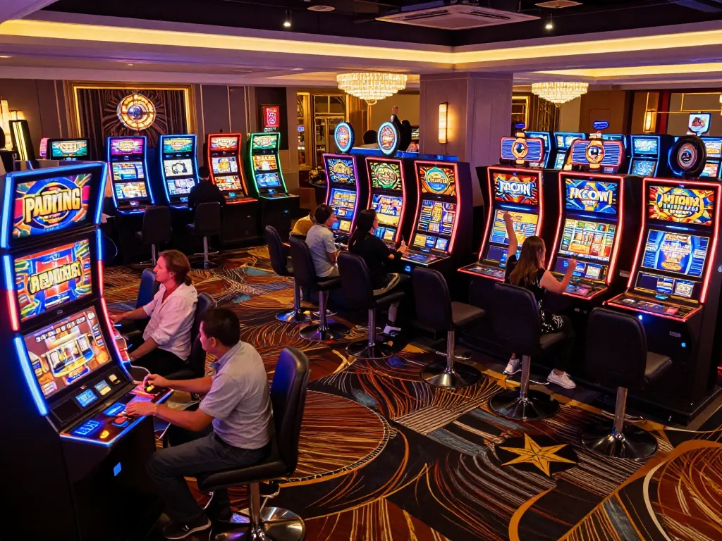 Players enjoying vibrant slot machines at BL555 casino, celebrating wins in a lively atmosphere