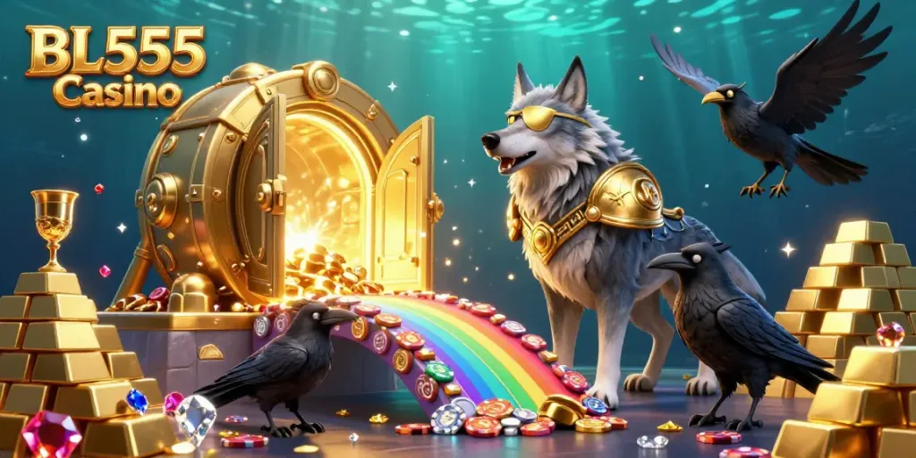 Experience thrilling games at BL555 Casino with this vibrant illustration showcasing Norse-inspired characters and rich casino elements.