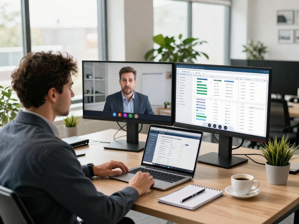 Engaged professional discussing IDXSTAR software features in a vibrant office environment.