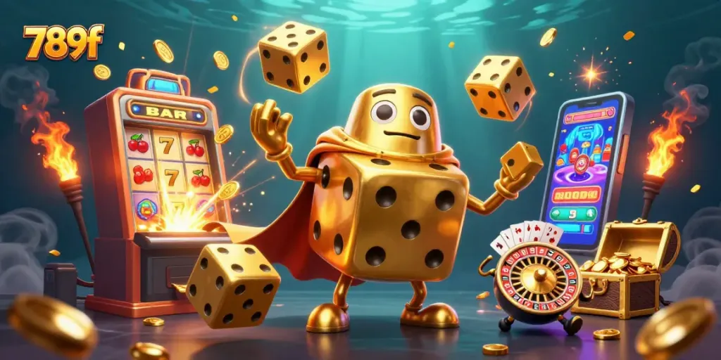 Experience the thrill of 789f with a vibrant scene featuring golden characters, slots, and casino elements.