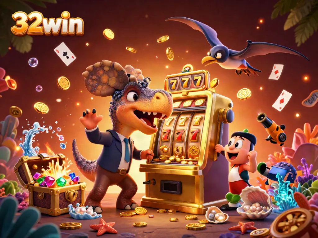 Experience immense payouts at 32win with vibrant action as dinosaur characters interact with a golden slot machine.