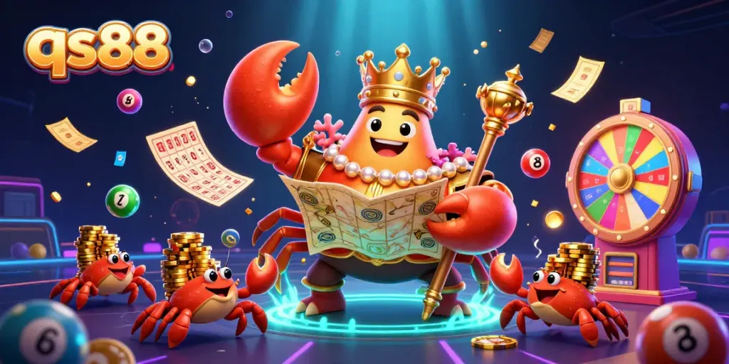 Experience qs88's vibrant online casino world with colorful balls and a majestic golden crab emperor.