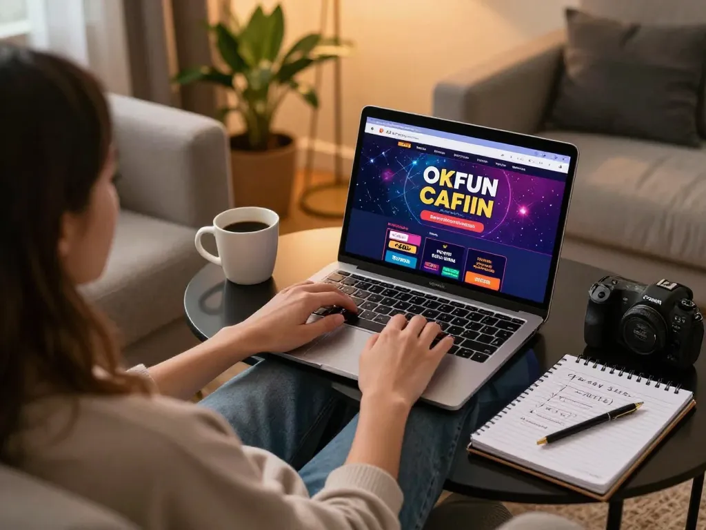 Engaging with OKFUN online casino on a laptop during a cozy home gaming session.