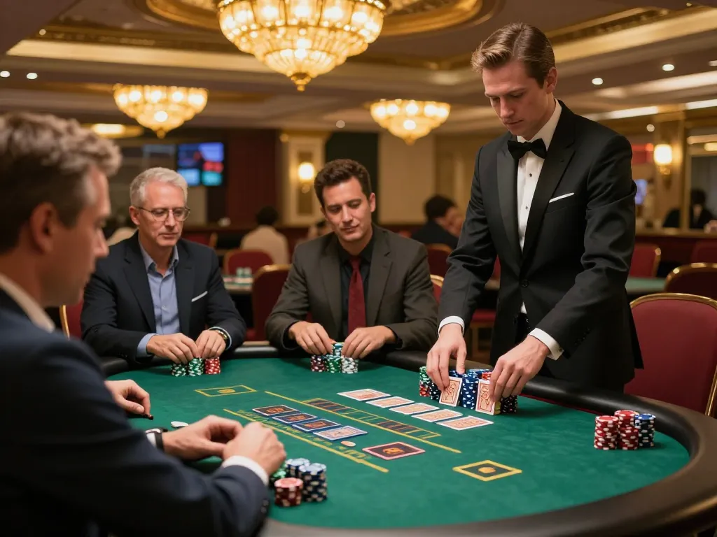 Players enjoy strategic gameplay at blackjack table in upscale casino, showcasing Go 88 betting excitement.
