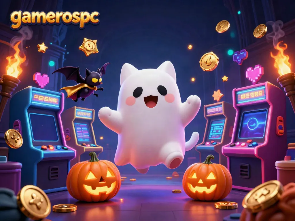 Experience gaming excitement with gamerospc as a floating cat ghost haunts the vibrant casino world.