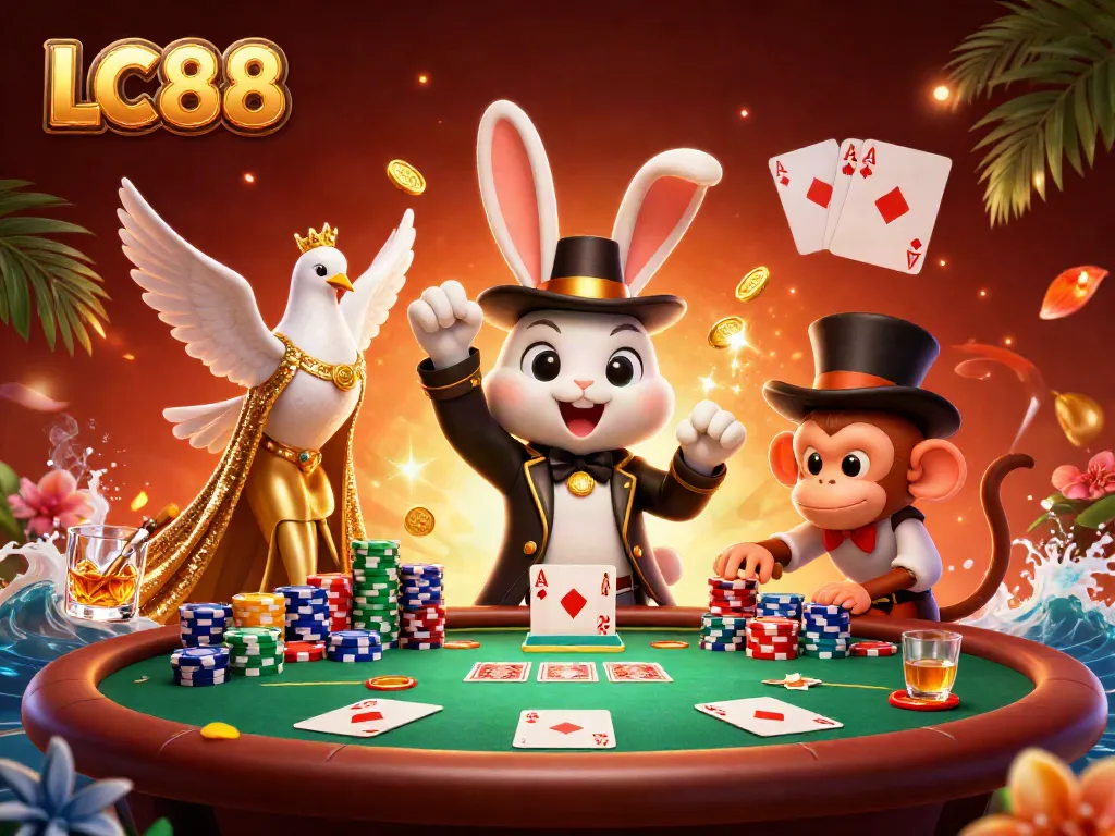 Win big at LC88, featuring a magician rabbit, dove, and monkey with poker chips in a vibrant casino scene.