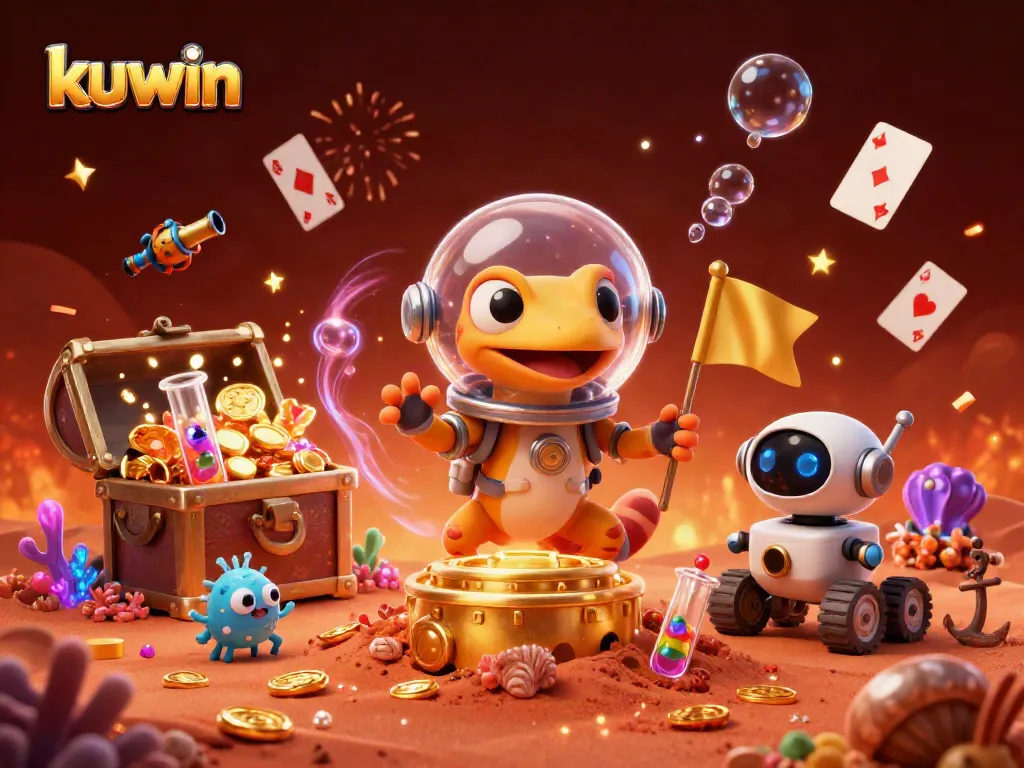Kuwin captures excitement with a gecko exploring a golden casino amid vibrant games and confetti