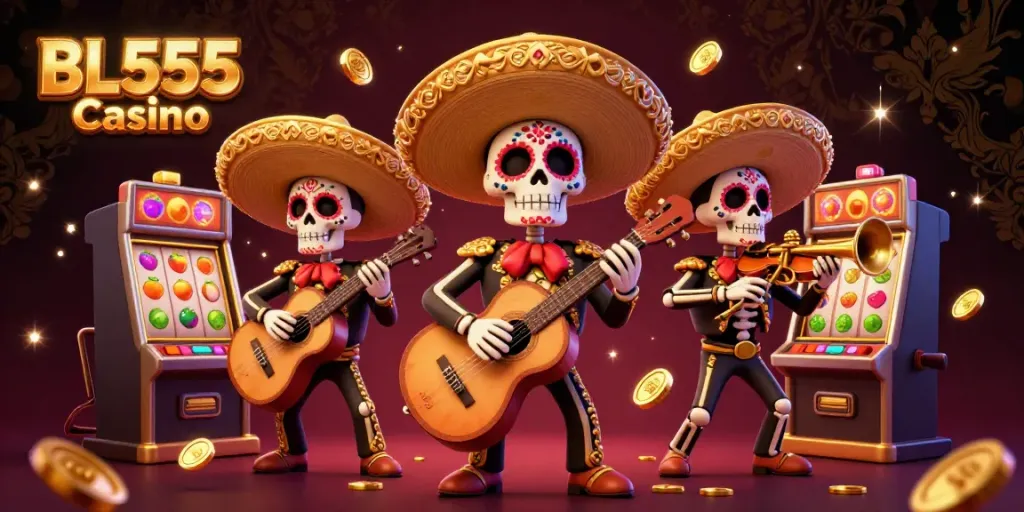 Experience the vibrant energy of BL555 Casino with a dynamic mariachi band surrounded by slot elements.