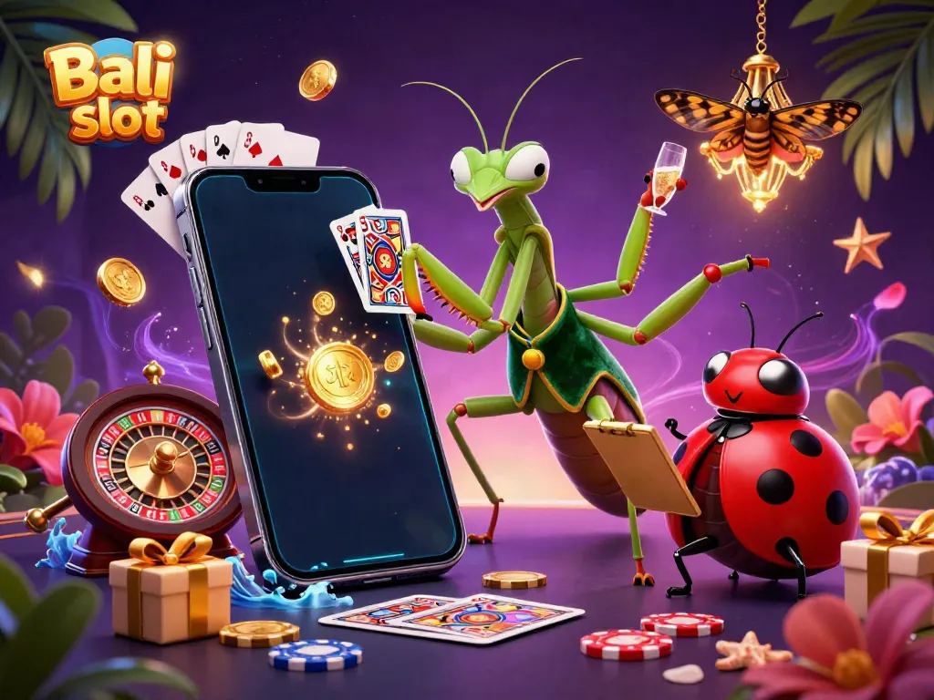 Bali slot gambling scene with cartoon characters and dynamic gaming elements.