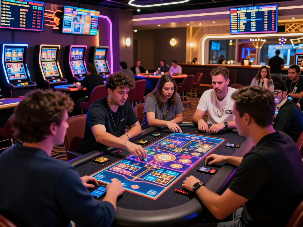 Exciting crypto casino scene with diverse players engaging in digital gaming, neon lights, and high-tech ambiance.