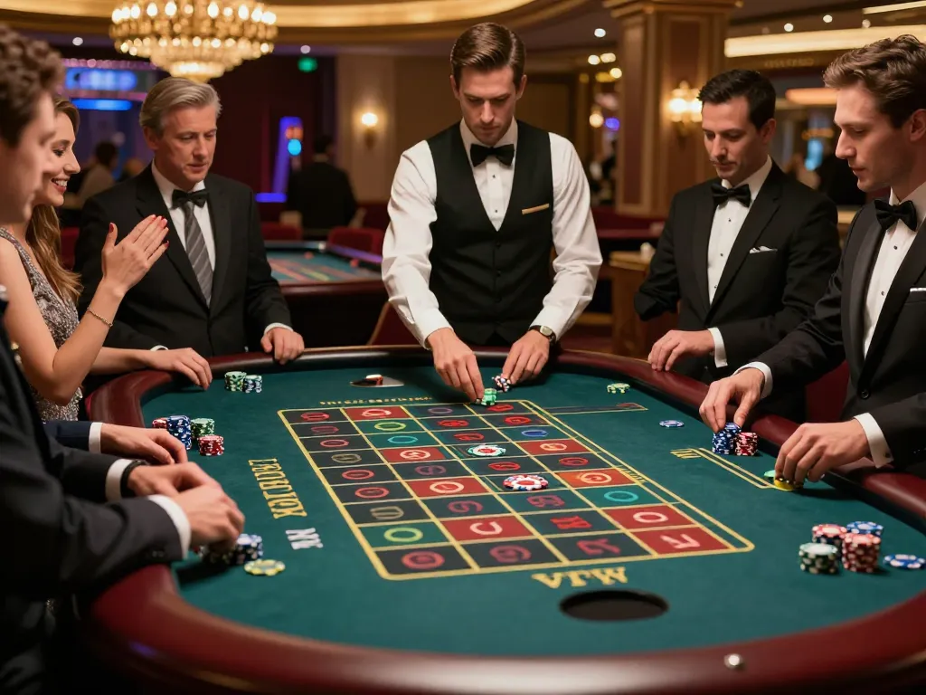 va88 players engaging strategically at a roulette table, vibrant casino atmosphere with chips and excitement