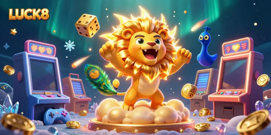 LUCK8 slot players enjoying vibrant games with dynamic characters and casino elements in a colorful 3D illustration.