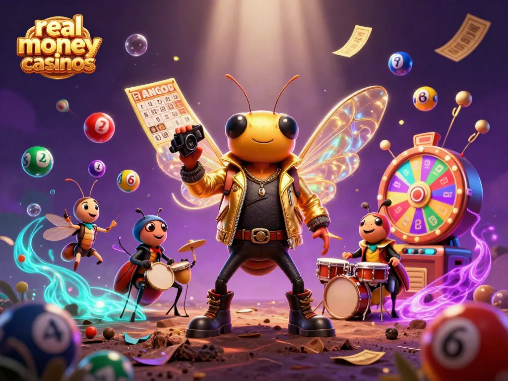 Engage in real money casinos with a dynamic 3D scene of rock star characters and vibrant casino elements.