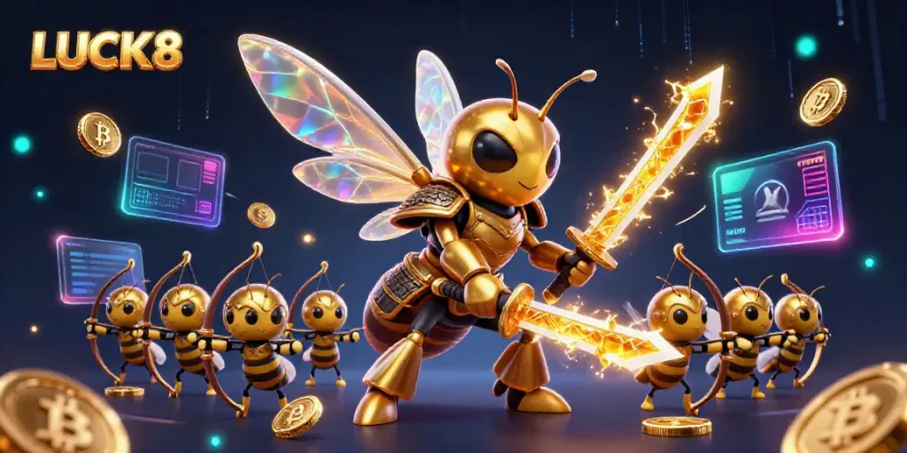 LUCK8 entices players with a vibrant 3D illustration featuring golden samurai hornet and crypto elements.