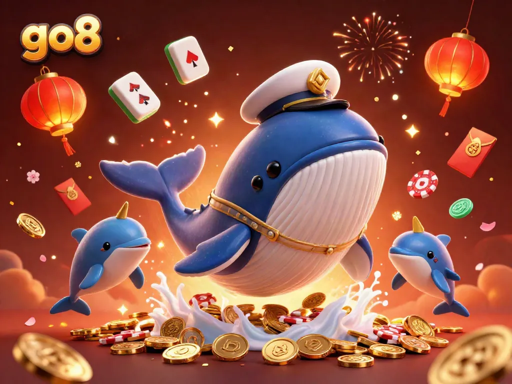 Engage with the exciting go8 casino experience featuring playful dolphins, a cartoon whale in a sea of coins.