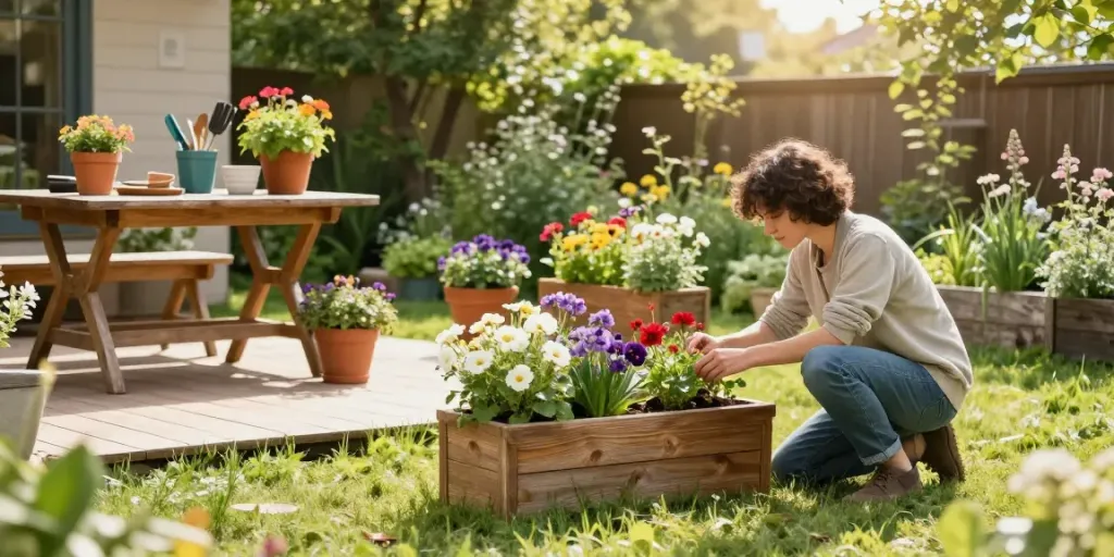 Beautiful garden planters UK scene with flowers and herbs in a peaceful outdoor setting.