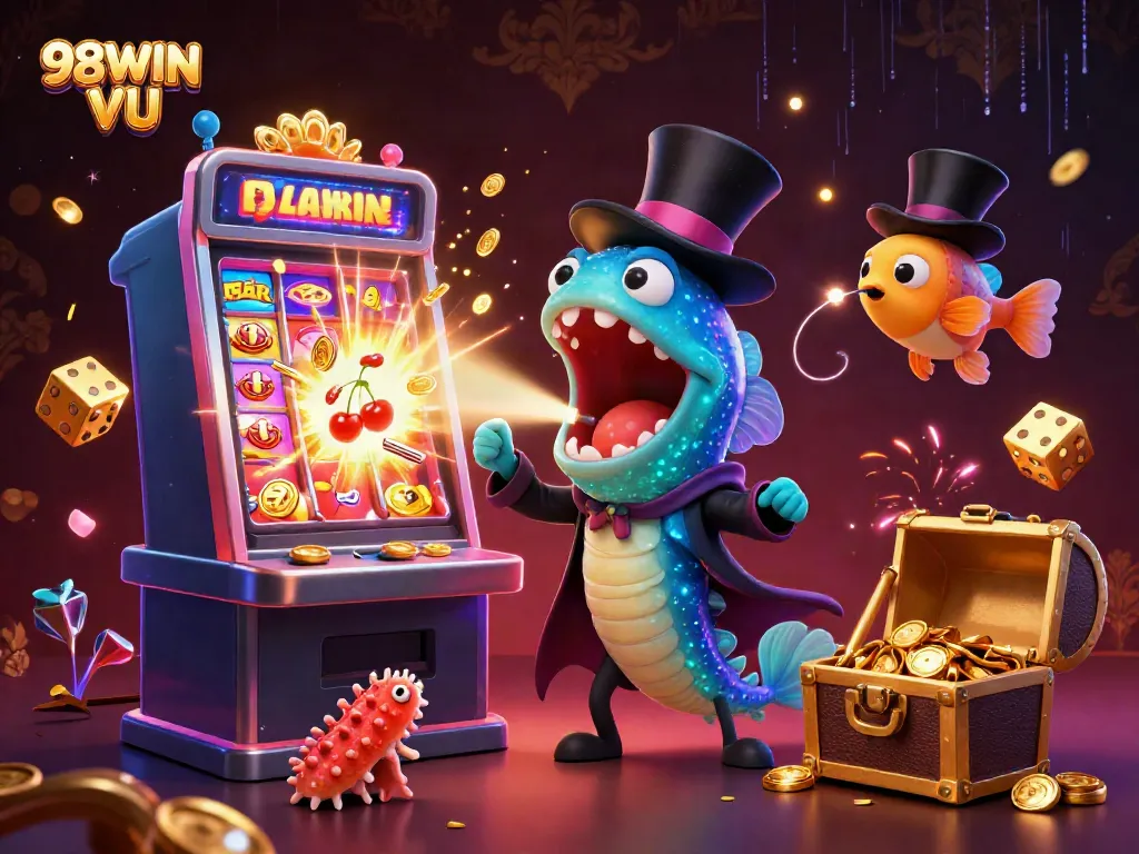 Join the excitement at 98WIN VU with vibrant 3D casino illustrations showcasing thrilling card tricks and jackpot explosions.
