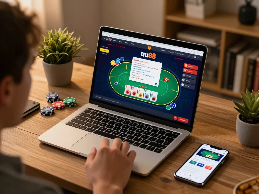 Engaged player using uu88 to strategize while enjoying a cozy home gambling experience.