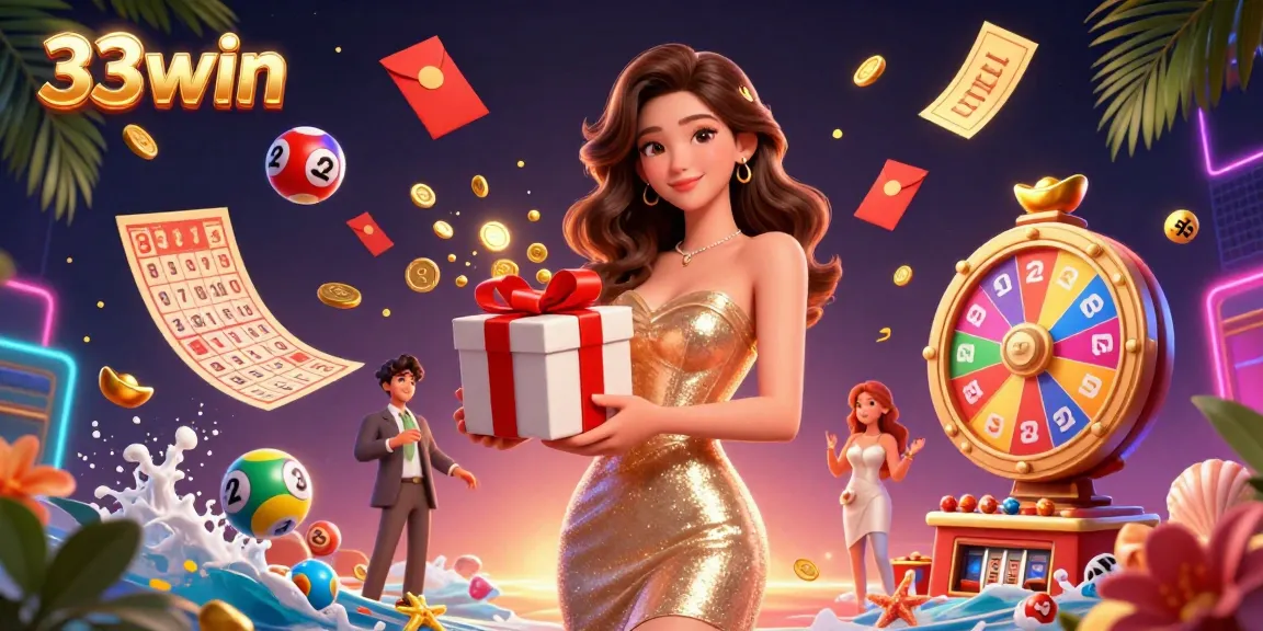 Experience the thrill of 33win with golden rewards and vibrant casino elements in lively digital art.