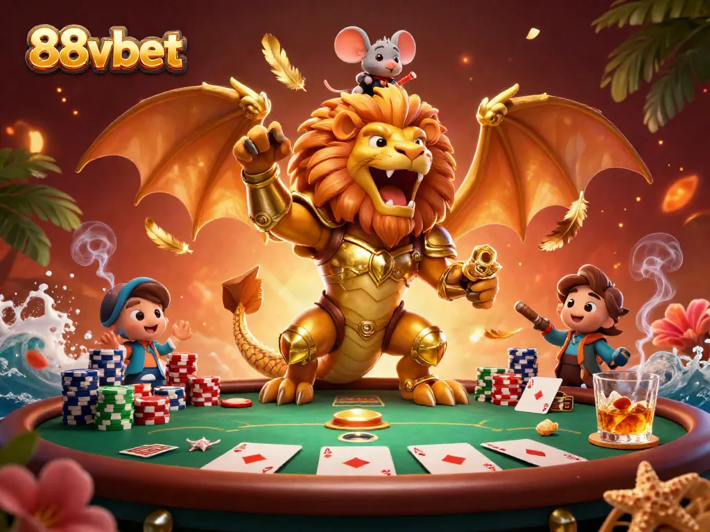 Experience thrilling moments at 88vbet with a golden chimera and poker scene evoking excitement.