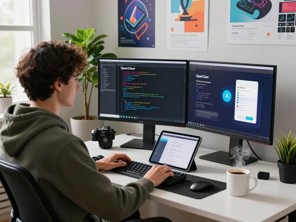 openclaw personal AI assistant showcased in a modern developer workspace with dual monitors and coding setup
