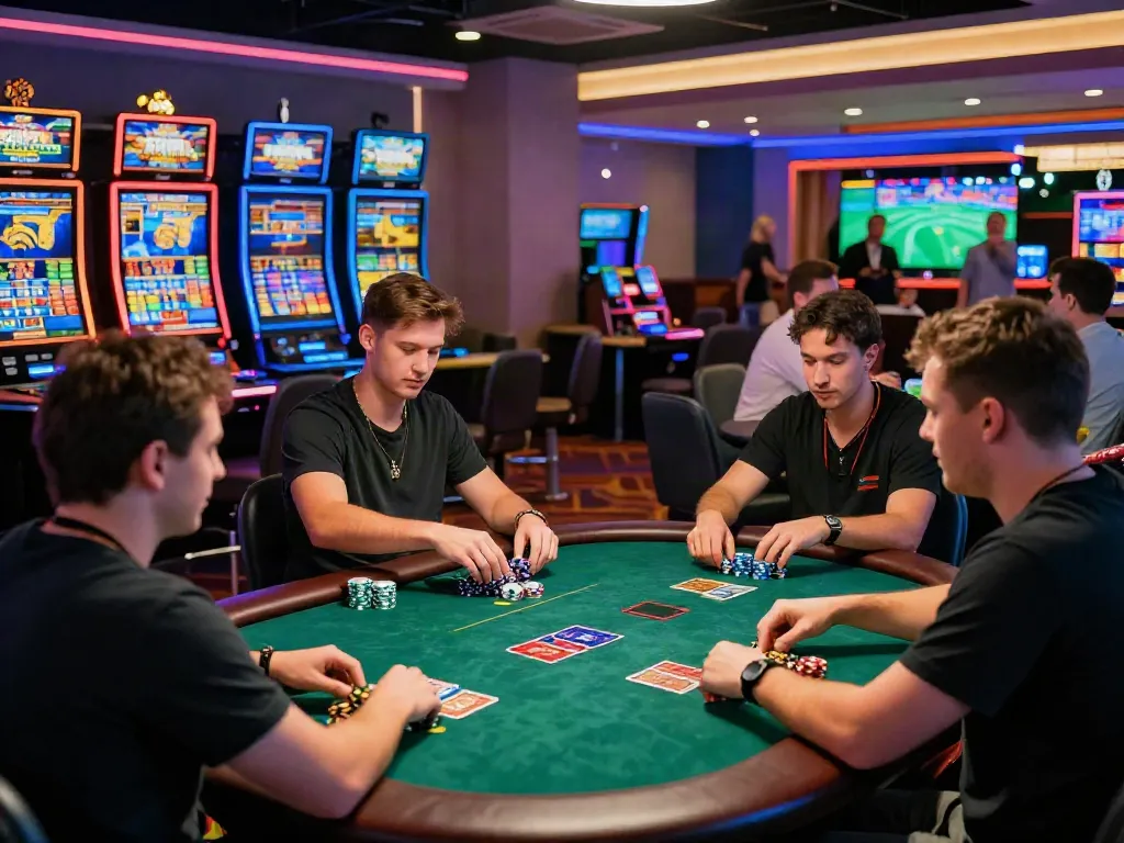 nhà cái 78win players engaging in an exciting online gambling environment with poker and slot machines.