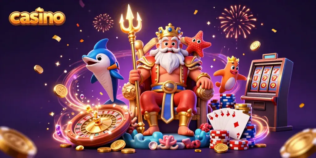 Experience casino excitement with a vibrant scene of Neptune and gaming elements surrounded by coins and cards.