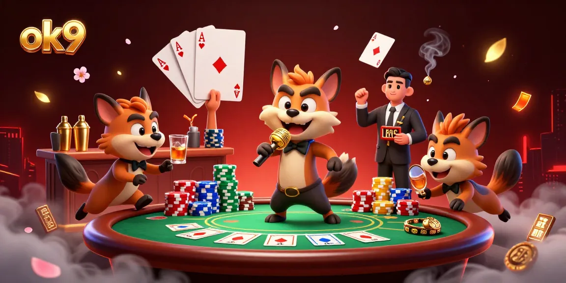 Experience the vibrant world of ok9 with a lively casino scene featuring hyenas as characters, showcasing a stand-up comedian, bartender, and bouncer.