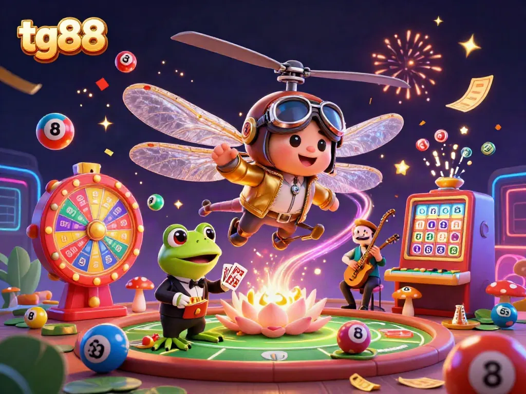 Experience thrilling moments at tg88 with a vibrant 3D casino scene featuring unique characters.