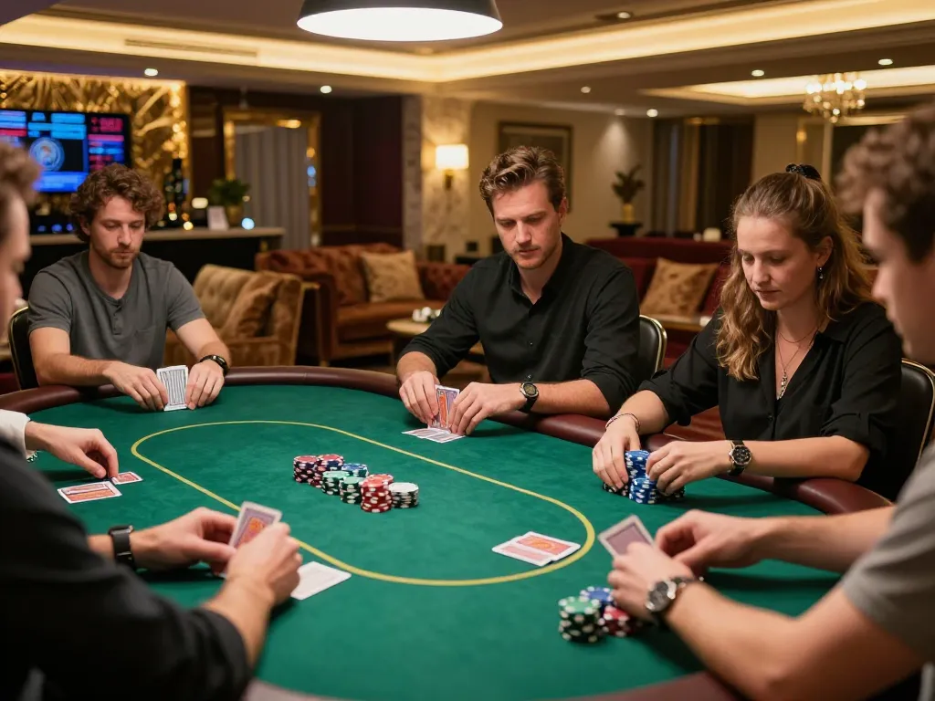 9win players engaged in an exciting poker game, showcasing chips and cards in a luxurious setting.