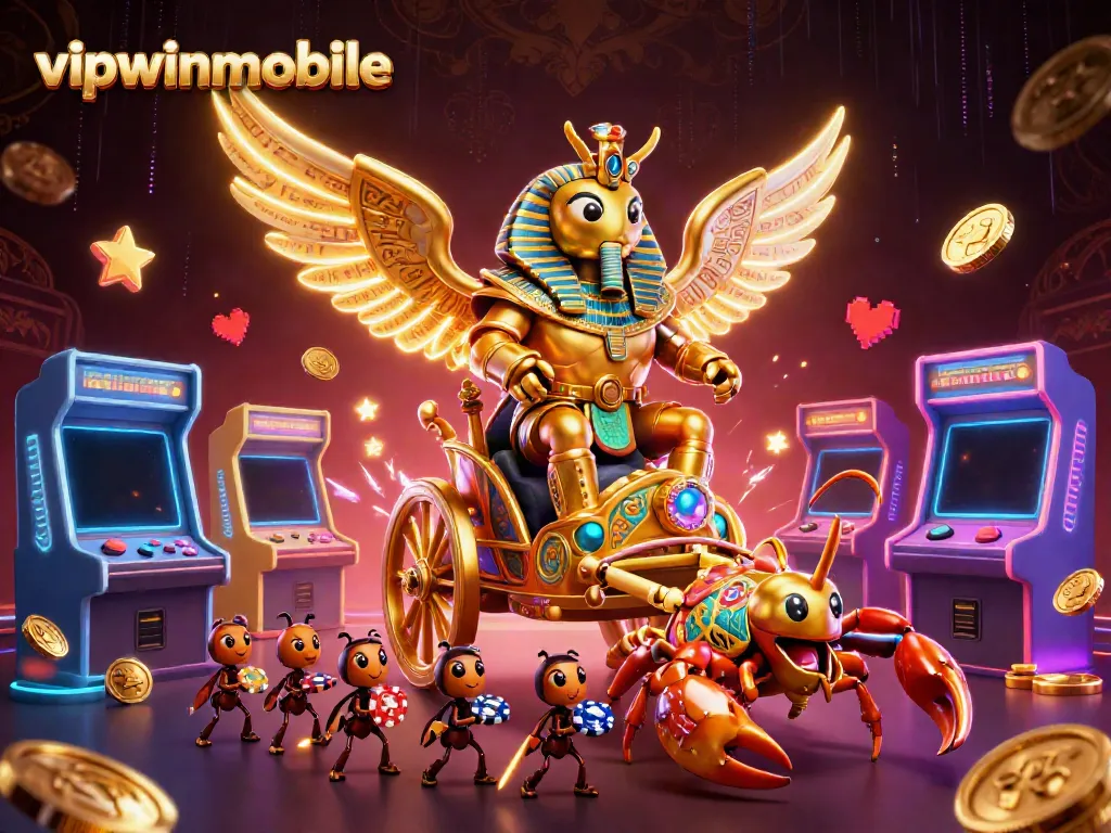 Engage in thrilling casino action at vipwinmobile with vibrant gaming elements and dynamic 3D characters.