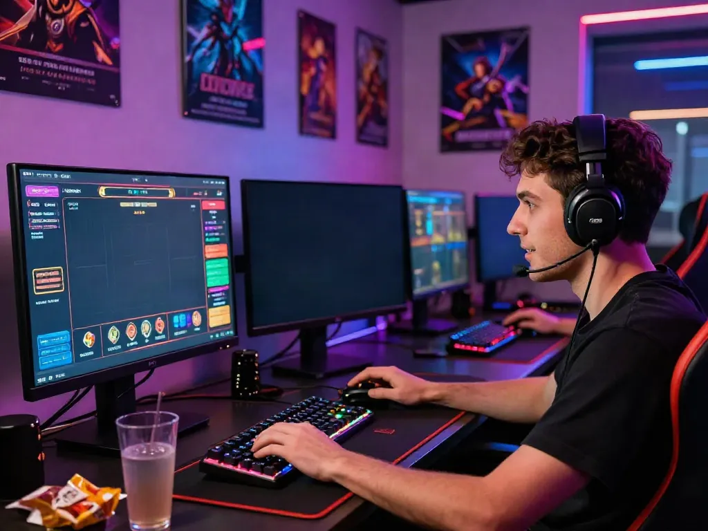 Engaged player at a vibrant online gaming setup with dual monitors, reflecting the excitement of https://1da88.it.com/.