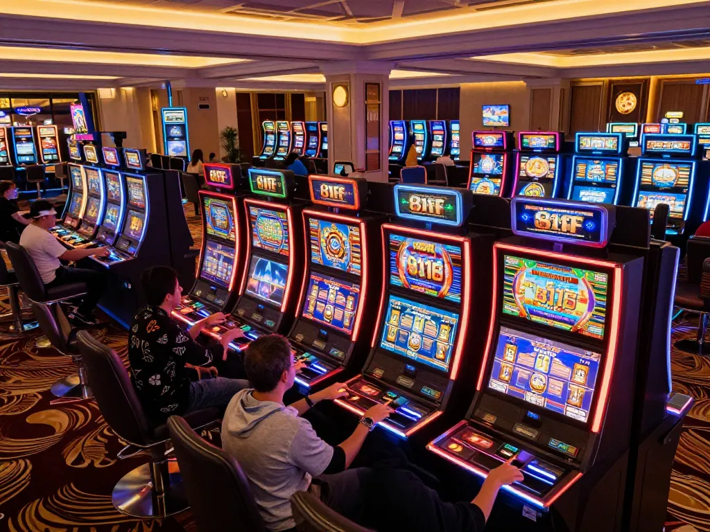 Players enjoying vibrant slot machines at 81FF casino, celebrating their wins and engaging with colorful displays in a lively atmosphere.